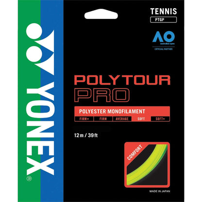 Black packaging for Tennis HQ Choose Strings, featuring polyester monofilament with a highlighted yellow string. It indicates "12m/39ft" and is "Made in Japan." The package includes logos for Yonex, tennis, and the Australian Open.