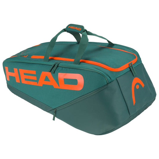 The HEAD Pro Tennis Racket Bag - XL - DYFO in green and orange is ideal for tournament players, showcasing vibrant orange zippers and the "HEAD" brand name prominently in orange on the side. As part of the racquet series, it offers multiple compartments and a handle for convenient carrying.