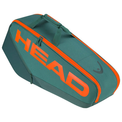The HEAD Pro Racket Tennis Bag - L - DYFO, in a striking green and orange color scheme, features bold orange "HEAD" lettering on the side. It is equipped with orange zippers and sturdy green handles, all designed to carry and protect your tennis equipment with Climate Control Technology.