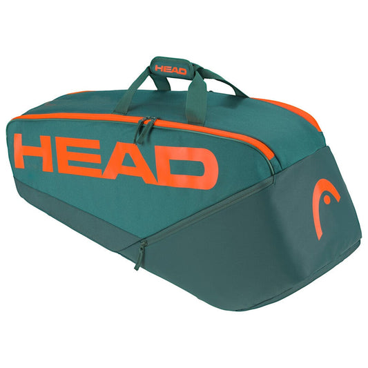 Introducing the HEAD Pro Racket Tennis Bag - M - DYFO in Green and Orange, designed with the HEAD logo prominently showcased. This bag is an excellent choice for club players, featuring a generously-sized zippered compartment ideal for racquets, dual handles on top for easy carrying, and an angled base adorned with the signature orange logo.