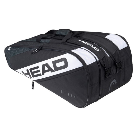 The HEAD Elite 12R Tennis Racket Bag in black and white features bold "HEAD" lettering, multiple compartments, and zippers. Designed for tennis rackets, it includes a versatile 2-way carry system with black shoulder straps for easy transport. The word "ELITE" is stylishly printed at the bottom.
