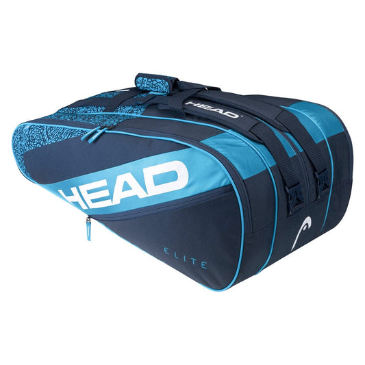 The HEAD Elite 12R Tennis Racket Bag in Blue Navy is a roomy combi bag that prominently displays the "HEAD" brand in bold white letters. It offers versatile carrying options with a 2-way carry system, includes two straps and a zippered compartment, and features stylish blue accents alongside the word "ELITE" elegantly displayed beneath the brand name.