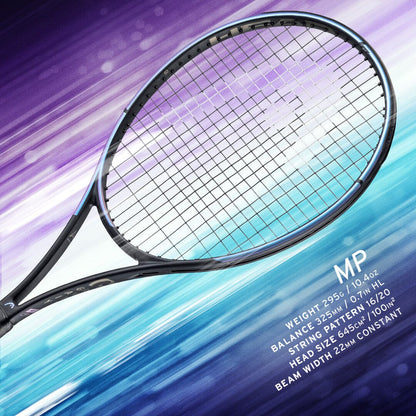 Close-up of the HEAD Gravity MP 2023 Tennis Racket - Black against a vibrant, blurred background. Equipped with Auxetic technology, it boasts an exceptionally large sweetspot. Specifications include: MP version, weight of 295g/10.4oz, balance of 325mm/7HL, string pattern of 16/19, head size of 645cm²/100in², and a constant beam width of 22mm.