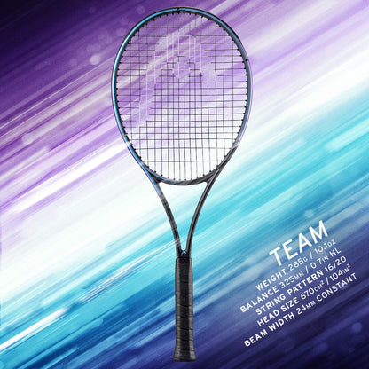 The HEAD Gravity Team 2023 Tennis Racket in Black is displayed against a backdrop of blue and purple diagonal streaks. Accompanying it, the specifications emphasize its lightweight construction with Auxetic technology: weight (285g / 10.1oz), balance (325mm / 7 HL), string pattern (16/19), head size (660cm² / 102in²), and beam width.