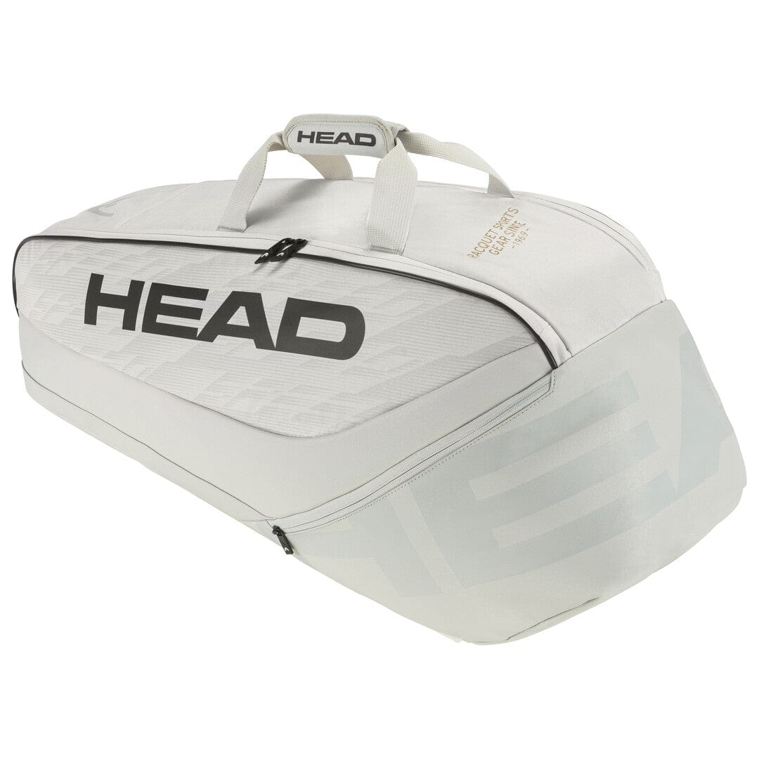 Off White HEAD Pro X Tennis Racket Bag - M - YUBK with black logo text. Crafted for the SPEED racquet series, it includes two handles and multiple compartments, ideal for carrying tennis equipment similar to Novak Djokovic's essentials.
