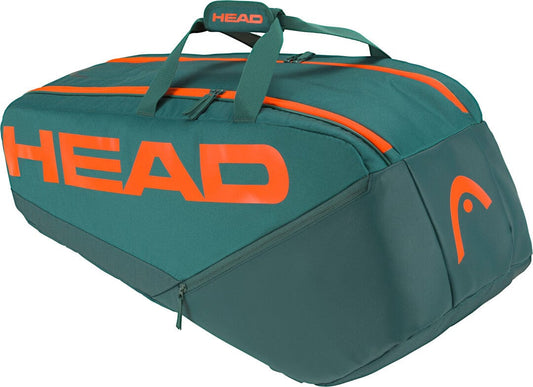 Green and orange HEAD Pro Racket Tennis Bag - L - DYFO, designed with Climate Control Technology and multiple compartments, featuring a branded logo on the side.