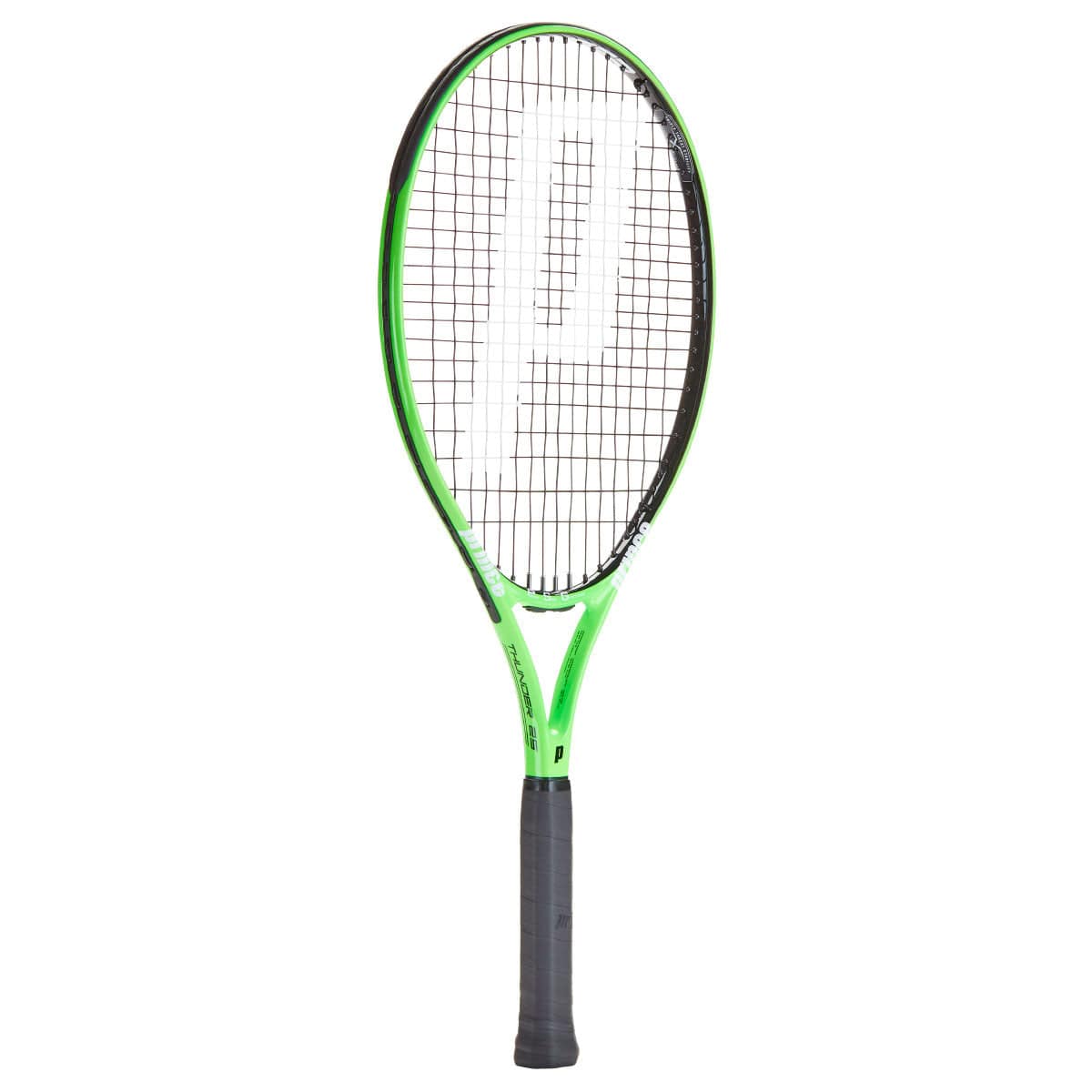Introducing the Prince Thunder 25 Junior Tennis Racket - G0, featuring a green and black design with a black grip and a prominent white "P" logo on the strings. This racket from Prince boasts a sleek, lightweight build, ideal for young players looking to improve their skills.
