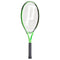 Introducing the Prince Thunder 25 Junior Tennis Racket - G0, featuring a green and black design with a black grip and a prominent white "P" logo on the strings. This racket from Prince boasts a sleek, lightweight build, ideal for young players looking to improve their skills.