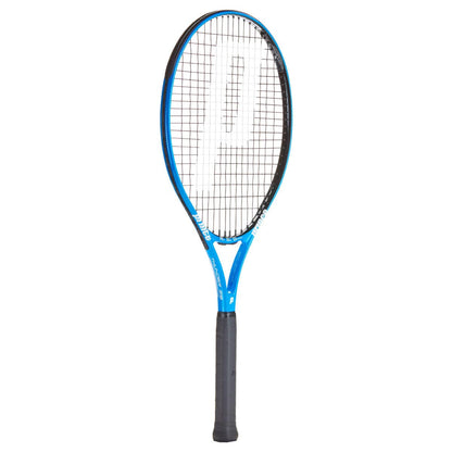 The Prince Thunder 26 Junior Tennis Racket - G0, crafted for young athletes, showcases a stylish blue and black design with a matching black grip and a prominent white "P" emblem on the strings, enhanced by its lightweight frame for improved playability.