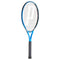 The Prince Thunder 26 Junior Tennis Racket - G0, crafted for young athletes, showcases a stylish blue and black design with a matching black grip and a prominent white "P" emblem on the strings, enhanced by its lightweight frame for improved playability.