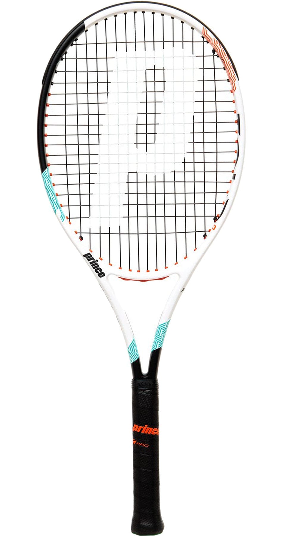 The Prince Tour 100 310g Tennis Racket from Prince showcases a modern look with its white body and black handle. It proudly displays a prominent "P" logo on the strings, along with understated blue and orange accents on the frame. The racket is crafted using advanced TeXtreme technology to enhance performance.