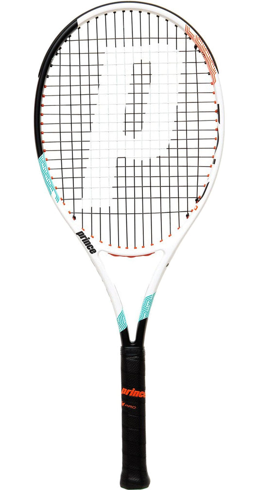 The Prince Tour 95 320g Tennis Racket features a stylish white frame with black strings and a prominent 'P' logo. Designed for advanced players, it includes a black grip with striking orange and blue accents, and the Prince brand name elegantly displayed on the throat of the frame.