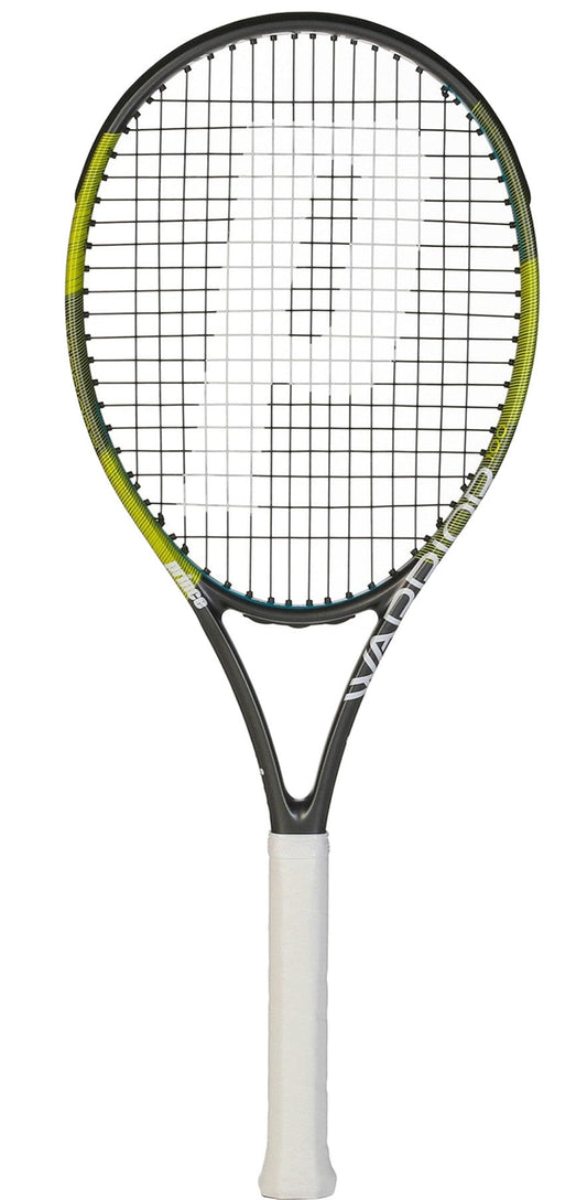 The Prince Warrior 100 300g Tennis Racket by Prince features a white grip and a graphite frame in green and yellow, delivering impressive baseline power. The strings are arranged in a grid pattern, highlighting the logo at the center of the string area.
