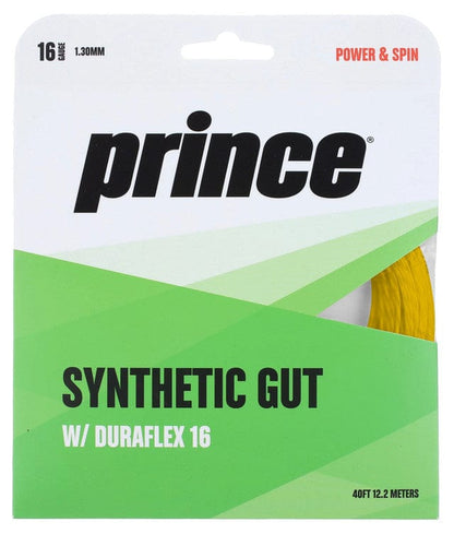 Packaging of Choose Strings by Tennis HQ tennis string, showcasing "Power & Spin" in the top right corner. It features a 16 gauge thickness, measuring 1.30mm and 40 feet (12.2 meters) in length. The packaging is accentuated with green and white colors, along with a portion of yellow string visible.