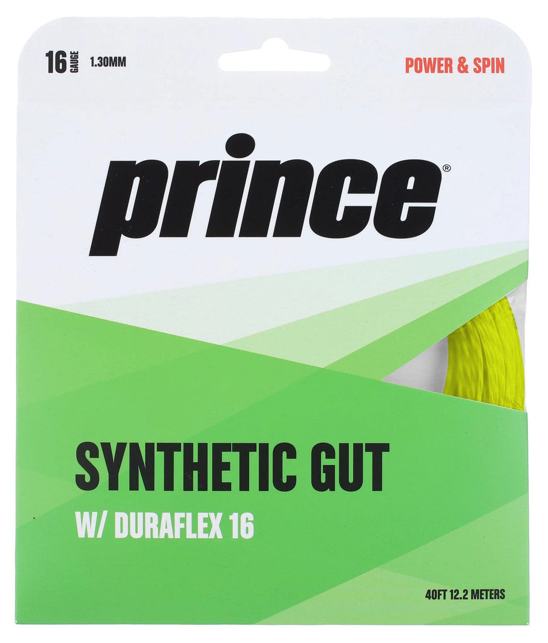 Packaging of Tennis HQ's Choose Strings tennis string, featuring a 1.30 mm gauge. The pack is white with green and black text, highlighting indicators for power and spin. The string measures 40 feet (12.2 meters) in length and is visible in a yellow color.