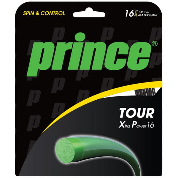 Packaging of Tennis HQ's Choose Strings, branded "Tour Xtra Power 16," features the text "Spin & Control" alongside a cross-section image of the string. The packaging design is black, accented with green and yellow highlights.