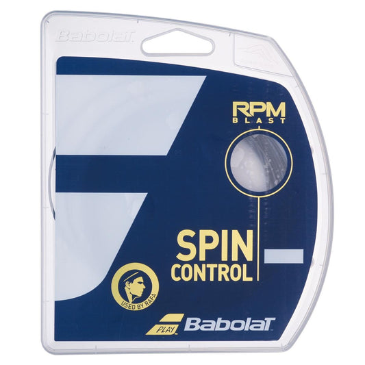 Packaging of Tennis HQ Choose Strings, showcasing a navy and white design. It emphasizes "Spin Control" and "Used by ATP" with Tennis HQ branding. The package includes a clear section revealing the coiled, black string inside.