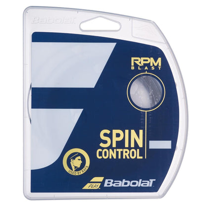Packaging of Tennis HQ's Choose Strings. The design features a dark blue background with "Spin Control" text in yellow and a logo that reads "Used by Rafa." The packaging is partially transparent, revealing the coiled strings inside.