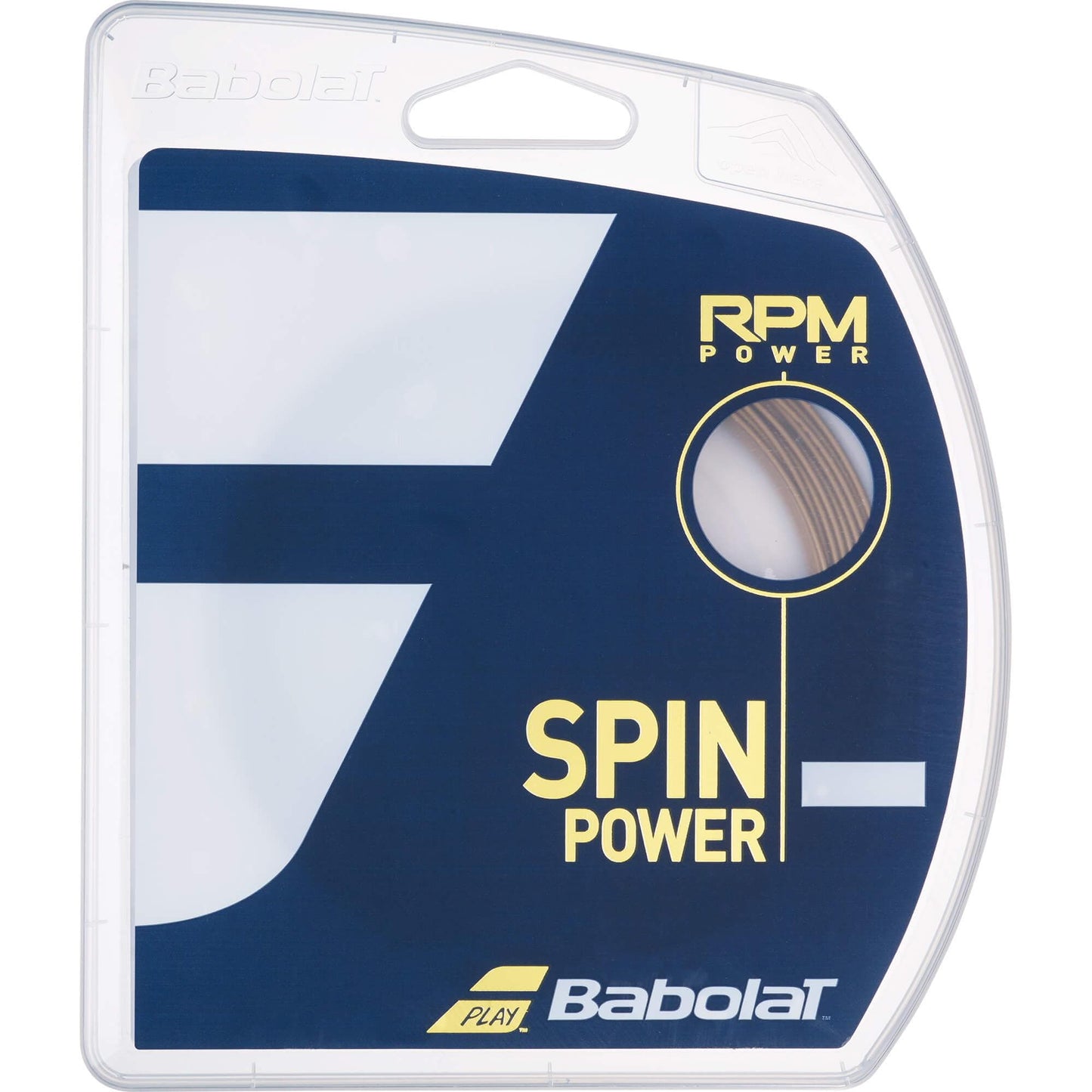 Here's a revised version of the sentence incorporating the product data:

An image showcasing the packaging of Tennis HQ Choose Strings. The packaging is blue with white and yellow text, featuring the words "Spin Power" and a circular cutout revealing a section of the string inside.