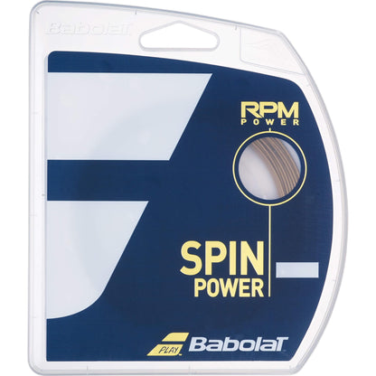 Here's a revised version of the sentence incorporating the product data:

An image showcasing the packaging of Tennis HQ Choose Strings. The packaging is blue with white and yellow text, featuring the words "Spin Power" and a circular cutout revealing a section of the string inside.
