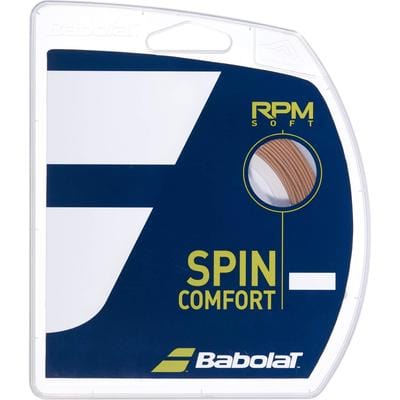 The packaging of the Tennis HQ Choose Strings features a predominantly blue design with white and yellow accents, highlighting the "Spin Comfort" text. A small section displays the tan-colored tennis string inside.