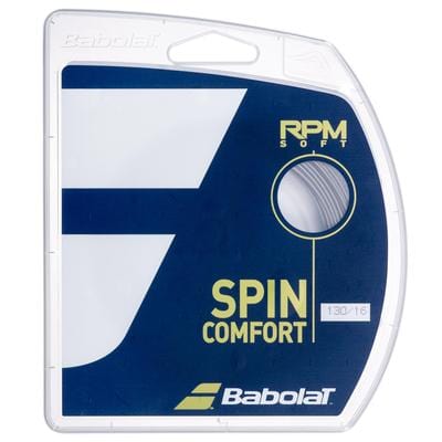 Packaging for Tennis HQ Choose Strings, labeled "Spin Comfort," featuring a blue and white design with a clear window showing the coiled strings inside.