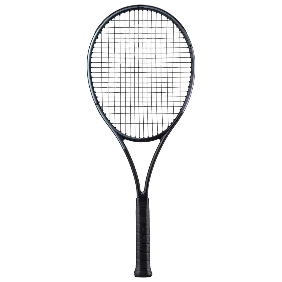 The HEAD Gravity MP 2023 Tennis Racket - Black, featuring advanced Auxetic technology, is showcased against a simple white backdrop. This sleek black racket highlights a unique oval frame, textured grip handle, and an exceptionally large sweetspot to ensure enhanced performance with every swing.