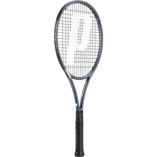 The Prince Phantom 100X 305g tennis racket, in black and blue, displays a large white "P" on its strings. This lightweight racket, enhanced with TeXtreme technology for top-notch performance, has a handle wrapped in black grip tape. It is positioned vertically against a white background.
