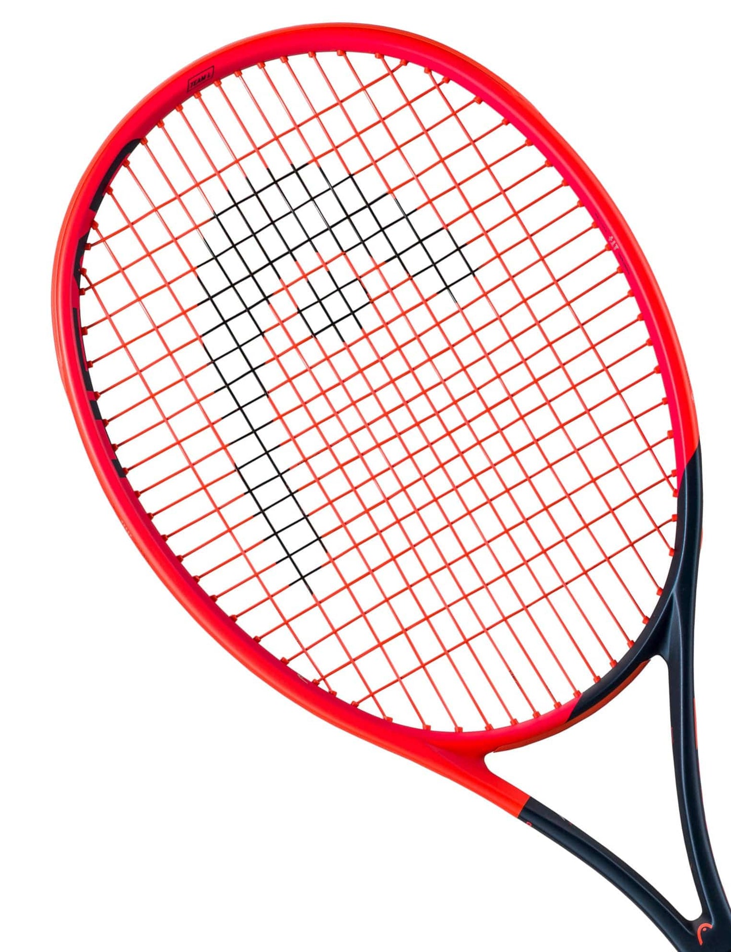 A striking orange and navy blue tennis racket, the HEAD Radical Team L 2023, boasting innovative auxetic technology is angled against a white background. Its tightly woven strings and sleek frame design highlight the cutting-edge nature of modern sports equipment.