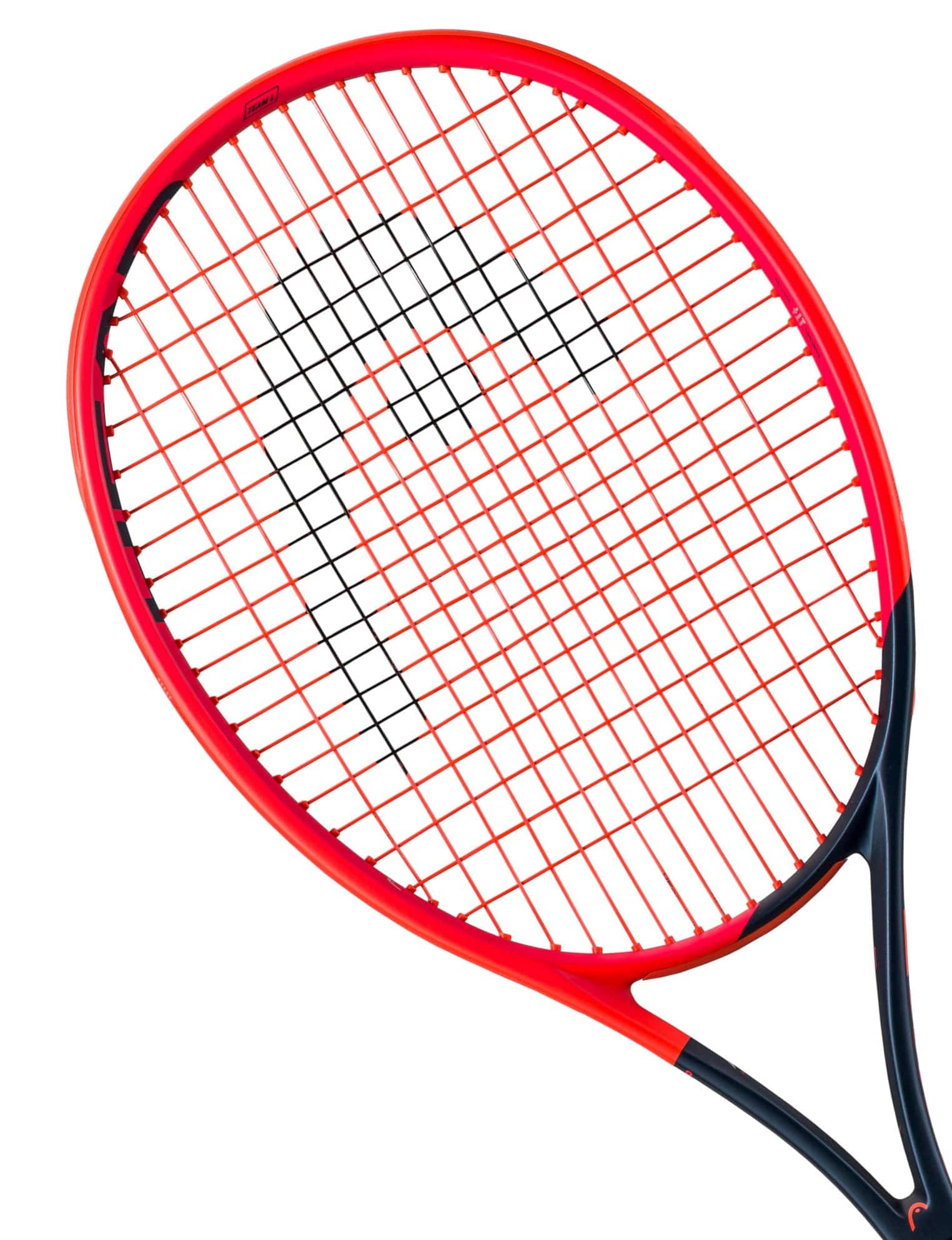 A striking orange and navy blue tennis racket, the HEAD Radical Team L 2023, boasting innovative auxetic technology is angled against a white background. Its tightly woven strings and sleek frame design highlight the cutting-edge nature of modern sports equipment.