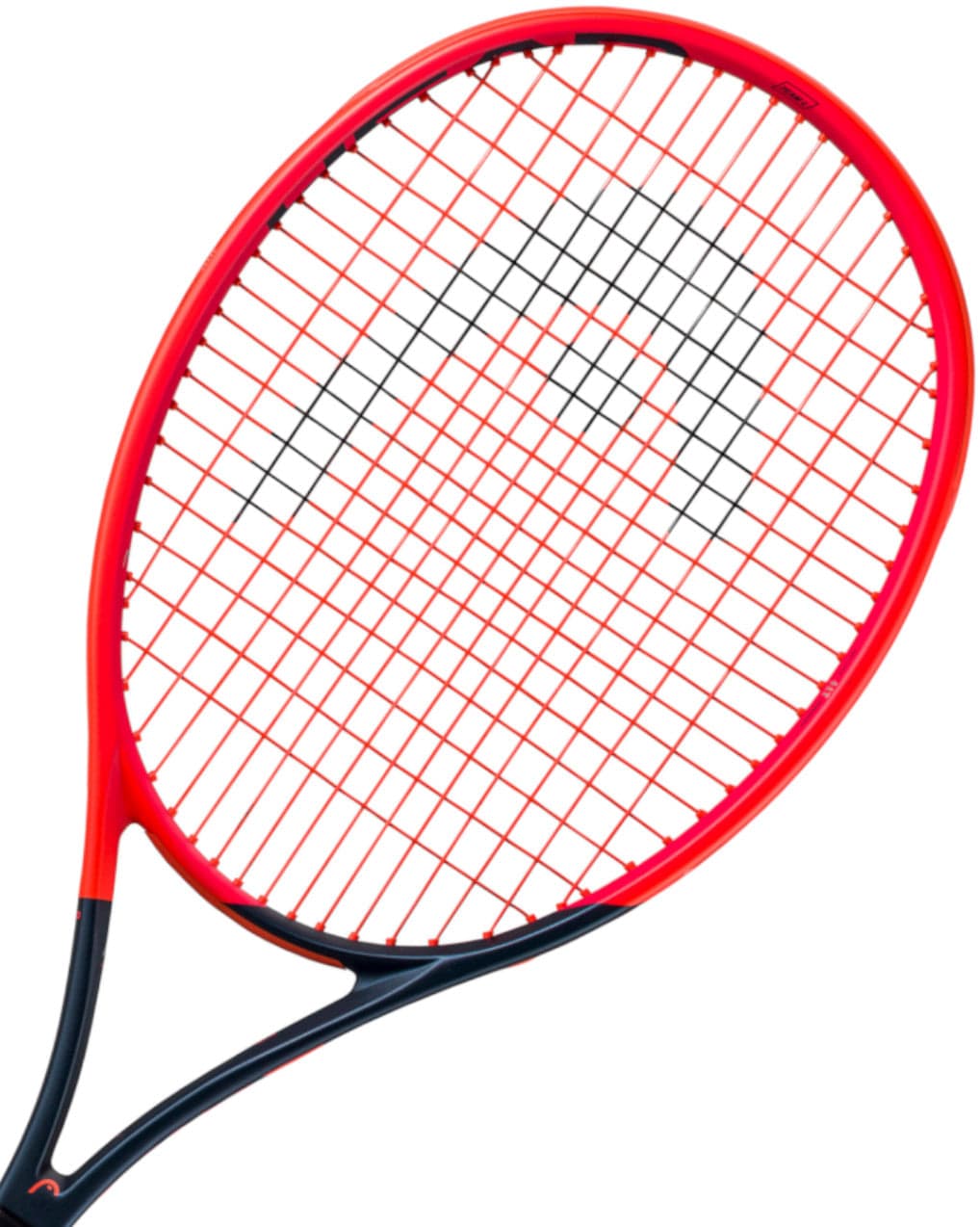 Introducing the HEAD Radical Team L 2023 Tennis Racket in a stylish orange and navy blue color scheme, featuring innovative Auxetic technology for enhanced performance. The contemporary design showcases a predominantly orange frame with a navy blue section near the handle, tightly strung for precision hits. Its slightly tilted position to the right emphasizes its dynamic look.