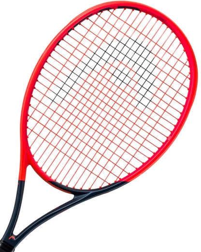 The HEAD Radical Team 2023 Tennis Racket boasts a bold orange and navy blue design with an orange frame and navy blue strings. Its round head and sleek aesthetic are enhanced by Auxetic technology, ensuring optimal performance on the court.
