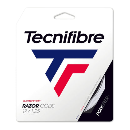 Packaging of Choose Strings by Tennis HQ. The design features the brand name in bold black letters and a stylized "TF" logo in blue and red. The text indicates a string thickness of 17/1.25 with Thermocore technology.