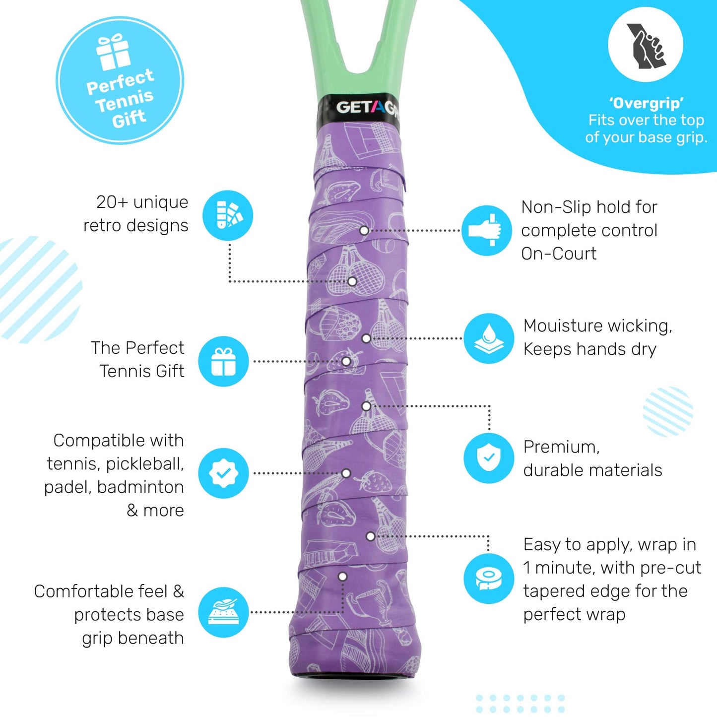 A Get a Grip Tennis Overgrip - Ready? Play, by Get A Grip, wraps the handle in purple with white sports icons. Its non-slip grip, moisture-wicking ability, and premium materials make it a stylish and comfortable gift for tennis players.