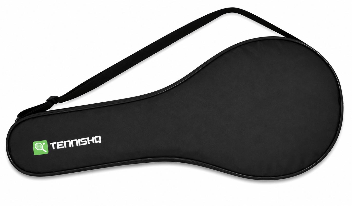 The TennisHQ Full Size Universal Racket Cover Case in black features a white TennisHQ logo with a green accent, an oval shape, and a shoulder strap—perfect for those seeking a stylish and practical tennis bag.