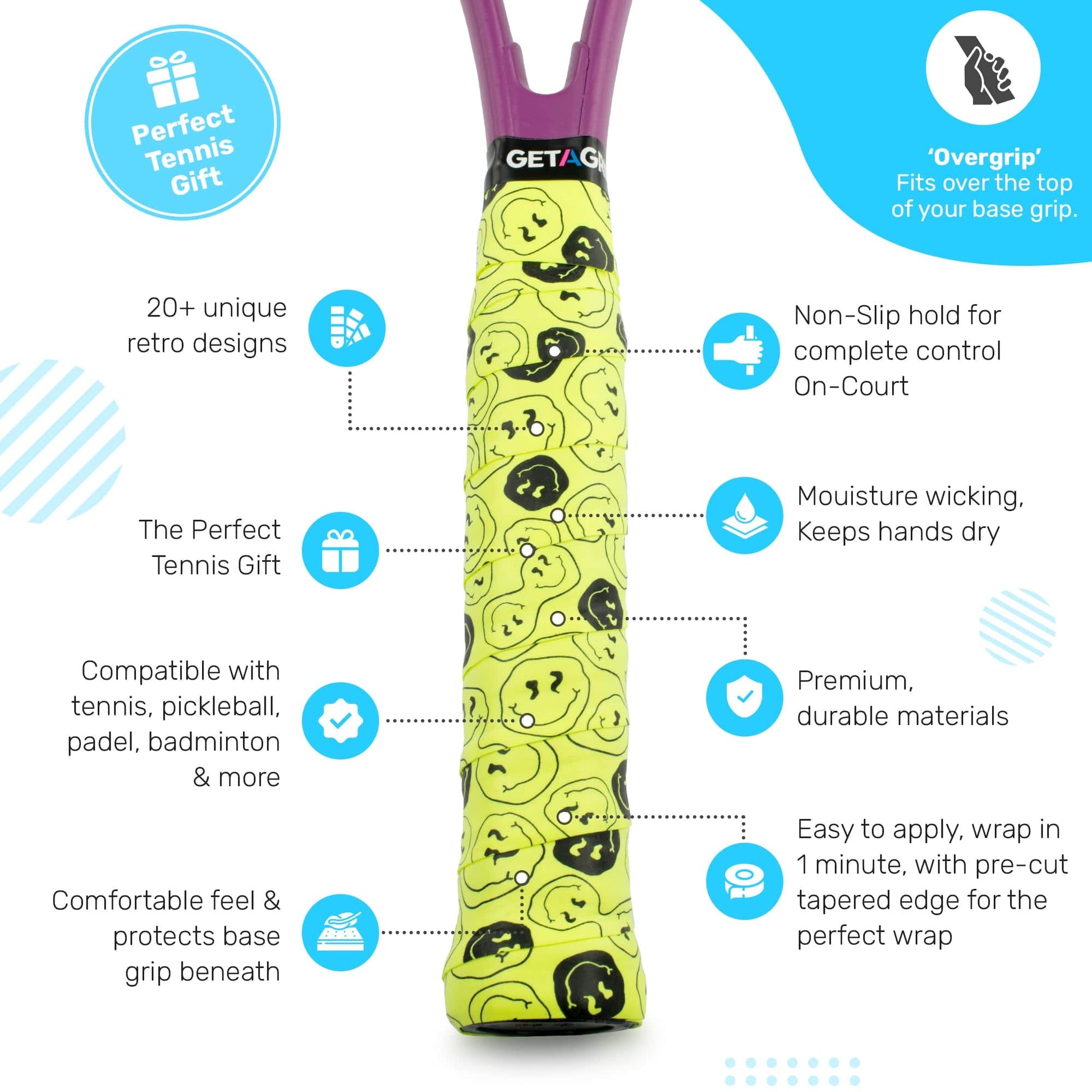 Wrap your handle with the Get a Grip Tennis Overgrip - Smiley by Get A Grip. This yellow, retro grip features black smiley faces and offers non-slip, moisture-wicking comfort—a fun, durable gift for any tennis player.