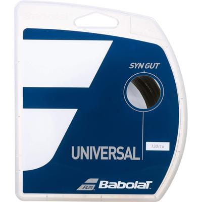 A package of Tennis HQ's Choose Strings in 130/16 gauge, featuring a blue and white design with a transparent section revealing the string.