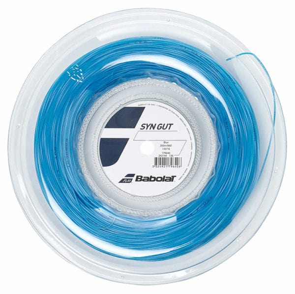 A reel of blue Choose Strings tennis string, coiled inside a transparent plastic container. The label displays the Tennis HQ brand name and product details in the center.