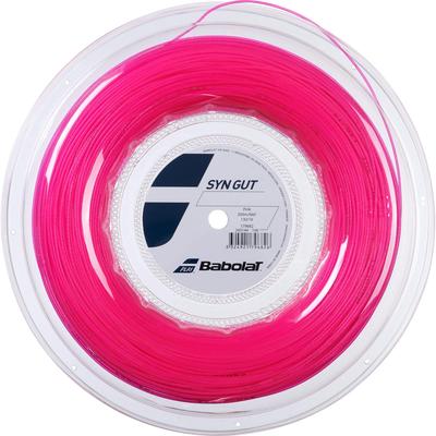 A spool of Choose Strings from Tennis HQ, in bright pink, coiled neatly in a clear plastic case. The central label features the brand and product details.