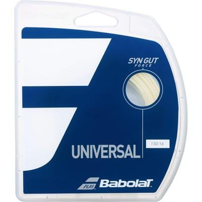 Close-up of Choose Strings tennis string packaging. The container is blue and white with the words "UNIVERSAL" and "Tennis HQ" prominently displayed, alongside the string gauge info "130/16".