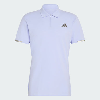 The adidas Climacool Men’s Tennis Polo Shirt in Violet Tone features short sleeves, a small black chest logo, silver sleeve bands, a partial zip collar, and breathable fabric for all-day comfort.
