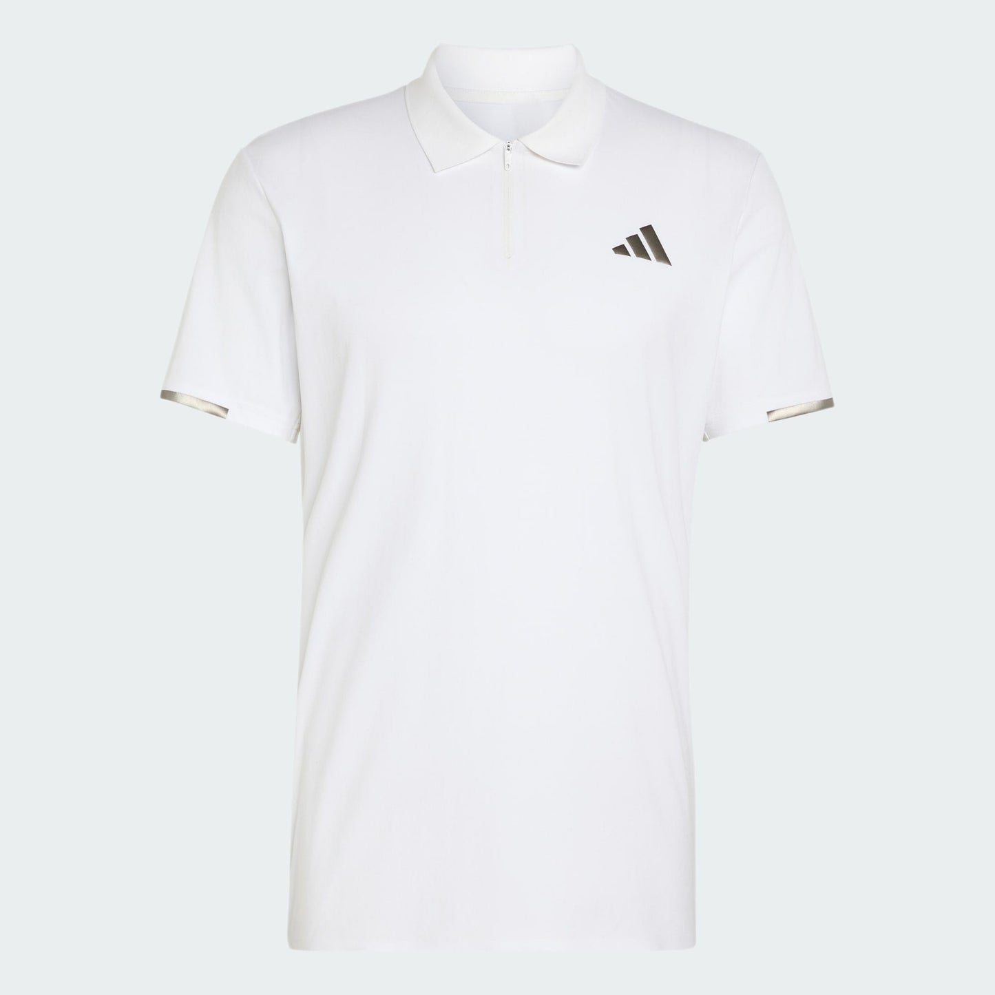 The adidas Climacool Mens Tennis Polo Shirt in white features a collar, zippered neckline, small black adidas logo on the left chest, and silver sleeve accents for classic tennis style.