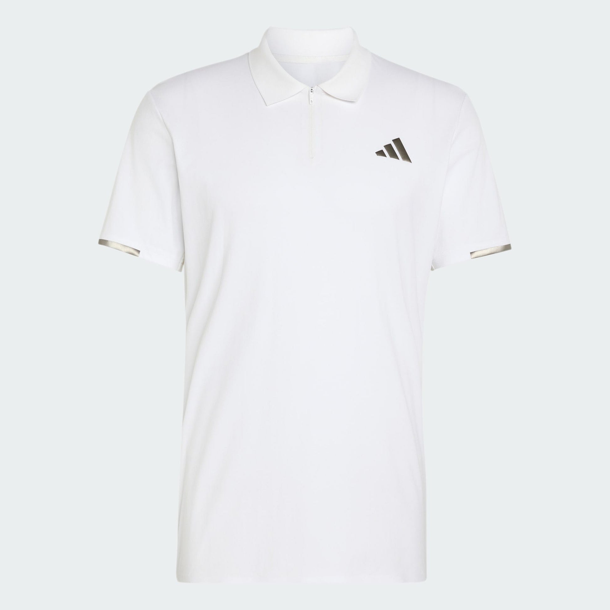 The adidas Climacool Mens Tennis Polo Shirt in white features a collar, zippered neckline, small black adidas logo on the left chest, and silver sleeve accents for classic tennis style.
