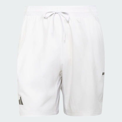 The adidas Climacool Men's Tennis Shorts in white feature an elastic waistband, drawstring, and subtle logo accents. These moisture-wicking shorts offer plain style with no extra details for cool comfort on the court.