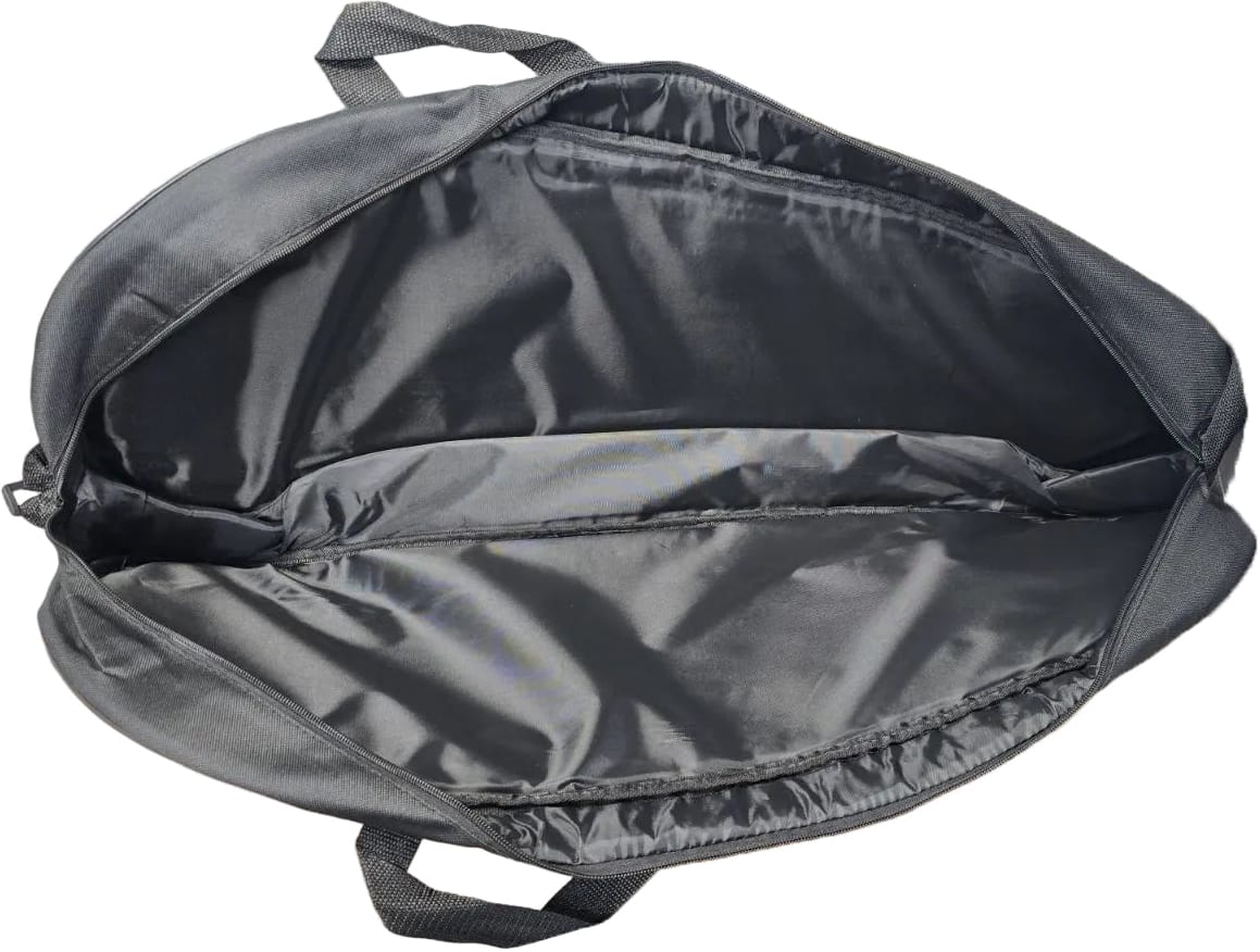 A top-down view of the TennisHQ 3 Racket Tennis Bag in black, showing its empty, open interior with a smooth, shiny lining and two fabric side handles.
