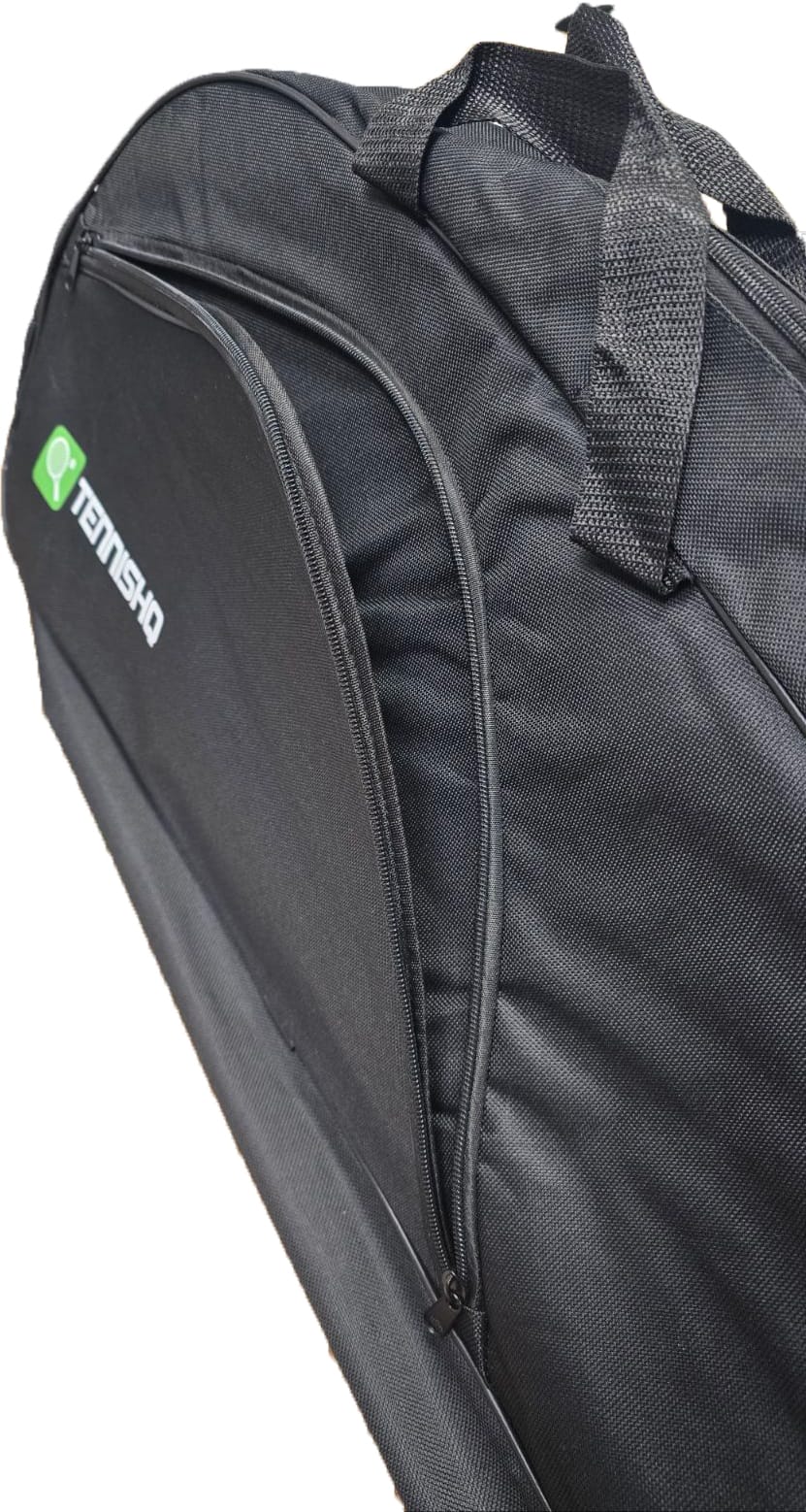 A close-up of the TennisHQ 3 Racket Tennis Bag in black, featuring zippered compartments, carrying handles, and the green and white TennisHQ logo on the side.