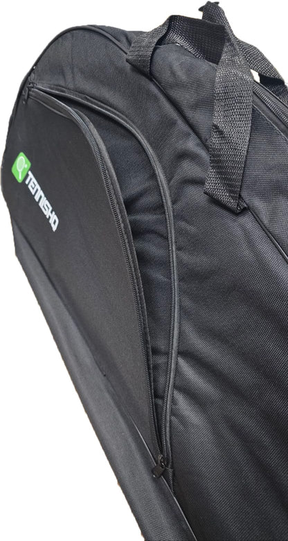 A close-up of the TennisHQ 3 Racket Tennis Bag in black, featuring zippered compartments, carrying handles, and the green and white TennisHQ logo on the side.