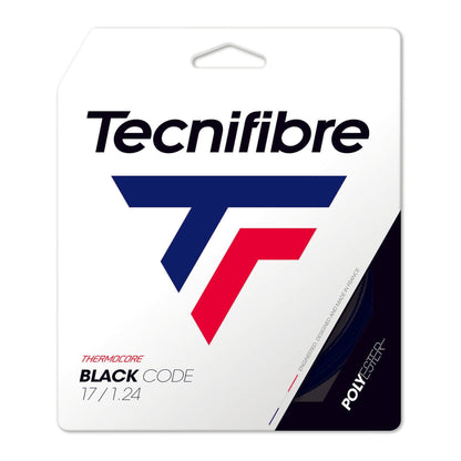 Packaging for Tennis HQ Choose Strings tennis strings, showcasing a prominent "T" logo in navy and red. The package emphasizes Thermocore technology and features the word "Polyester" at the bottom.