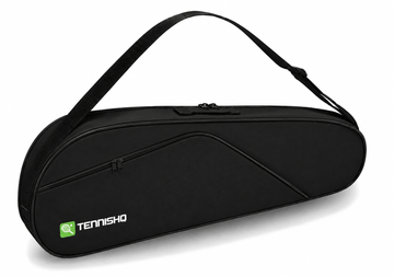 The TennisHQ 3 Racket Tennis Bag - Black is a lightweight bag with a shoulder strap, two zippers, and a green tennis ball logo on the lower left corner—ideal for carrying your gear.