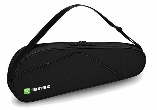 The TennisHQ 3 Racket Tennis Bag - Black is a lightweight bag with a shoulder strap, two zippers, and a green tennis ball logo on the lower left corner—ideal for carrying your gear.